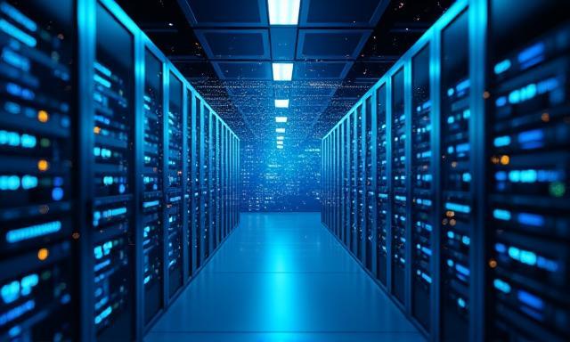 Serverraum mit Datenströmen visualisiert für Backend-Mautsystem